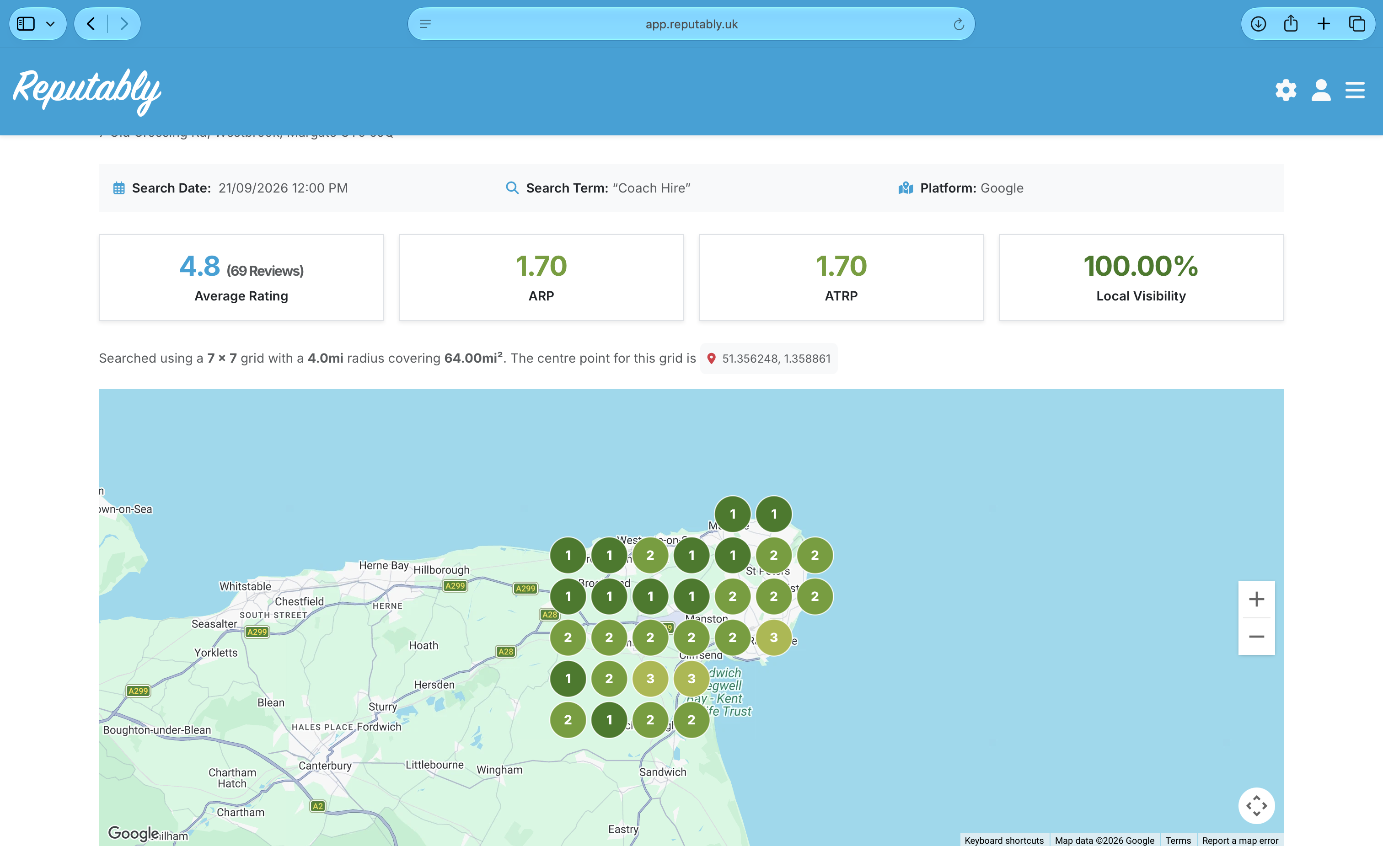 Example Reputation Builder report showing rating, average ranking measures, local visibility and positions across a Google Maps grid