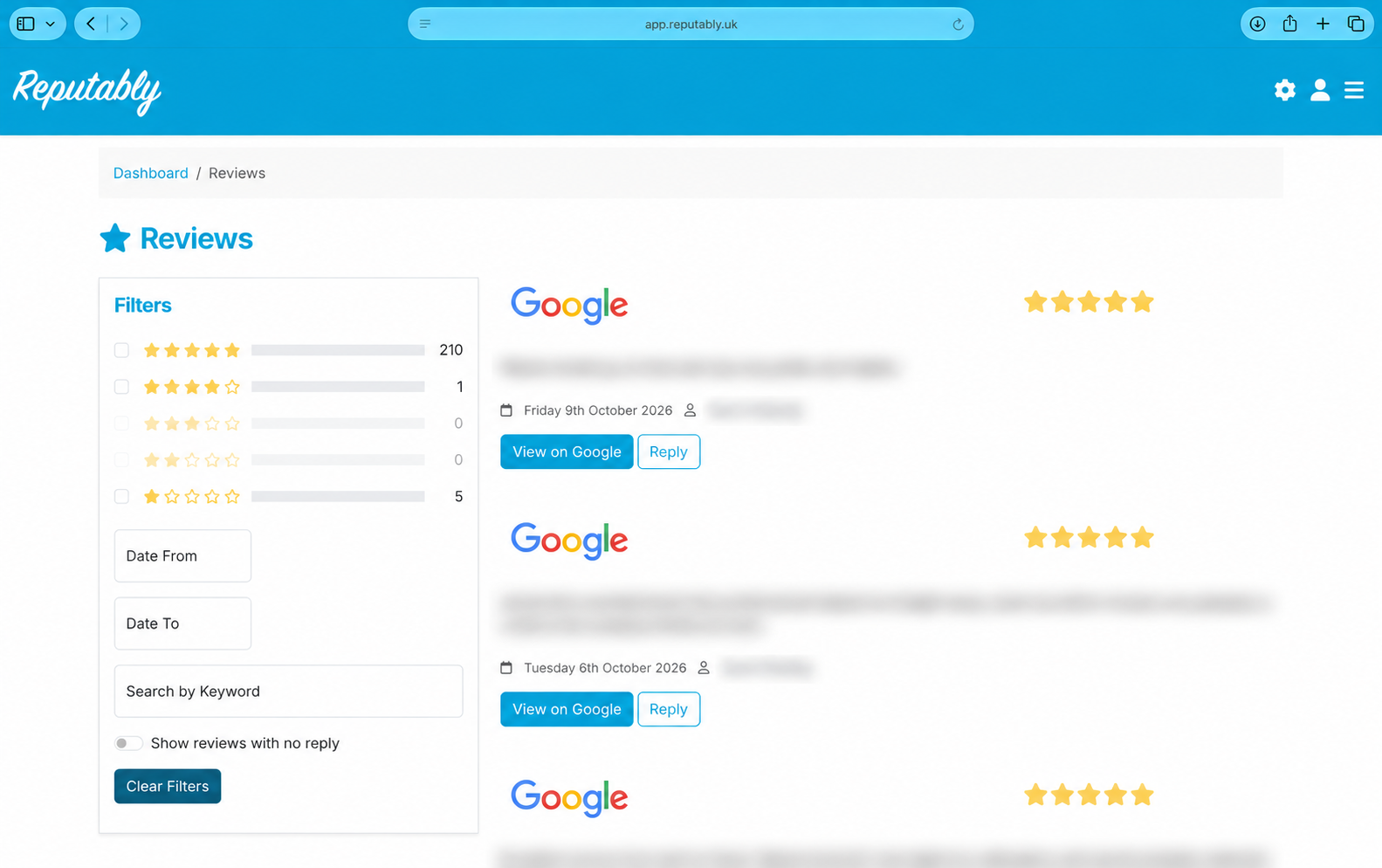 Reputation Builder dashboard showing review filters, star ratings and reply controls, with personal names and review wording obscured